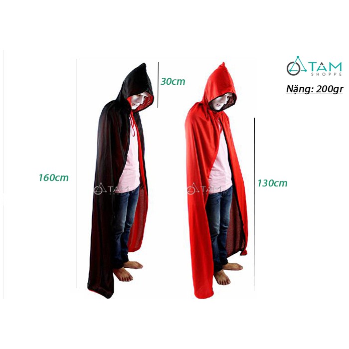 Áo choàng thần chết 2 mặt đen đỏ có nón 130cm HLW-AC-05