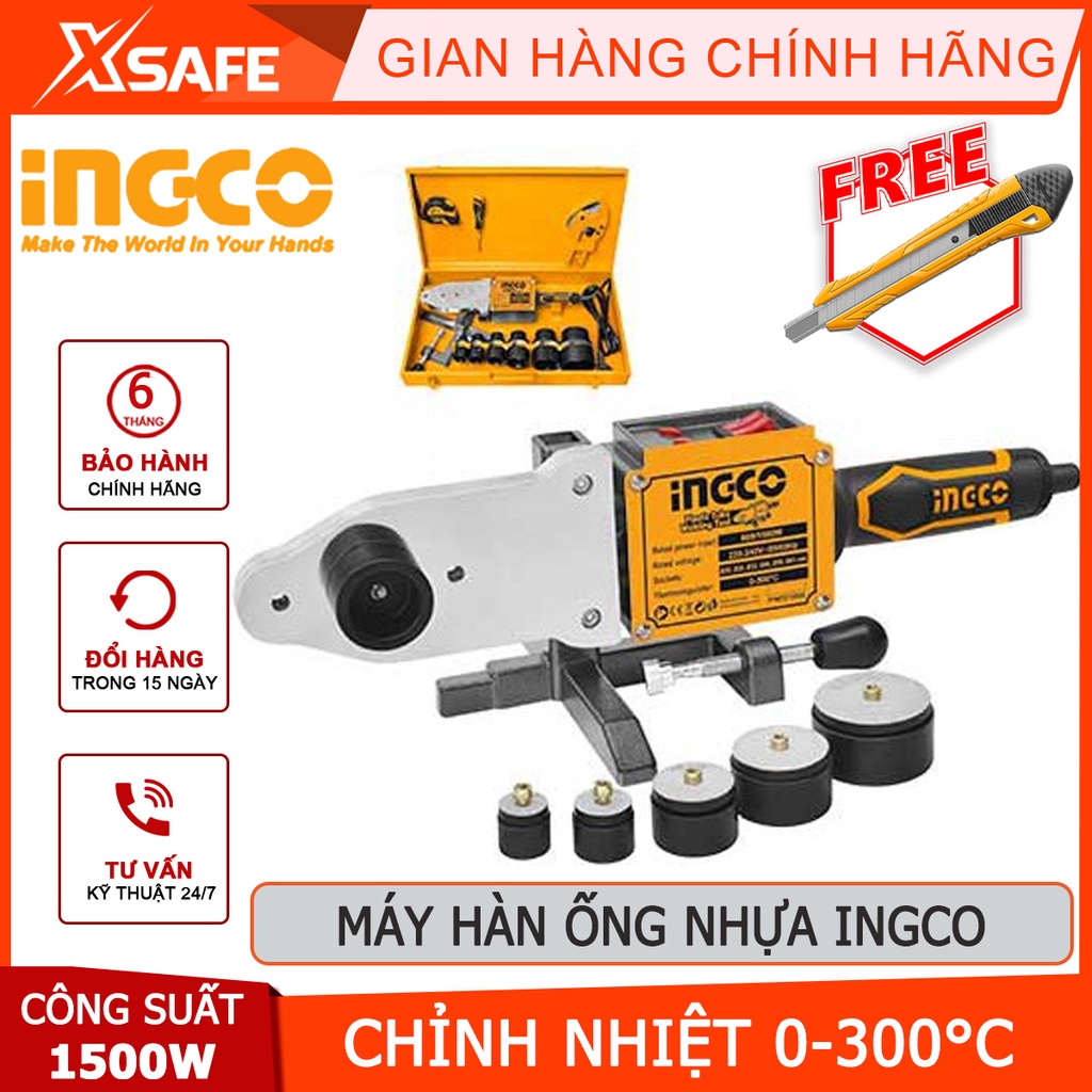 Máy hàn ống nhựa INGCO PTWT215002 Máy hàn nhiệt 1500W, nhiệt đồ từ 0-300 độ, kèm 1 thước dây, khóa vặn, tua vít, kềm cắt