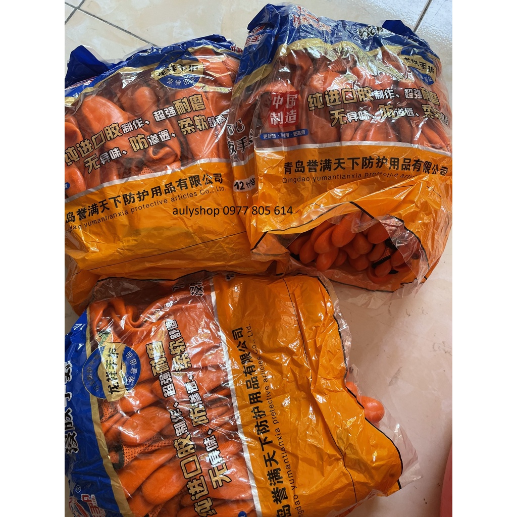 Bịch 12 đôi găng tay sơn da cam dày 1.2kg/bịch, găng tay phủ cao su màu da cam