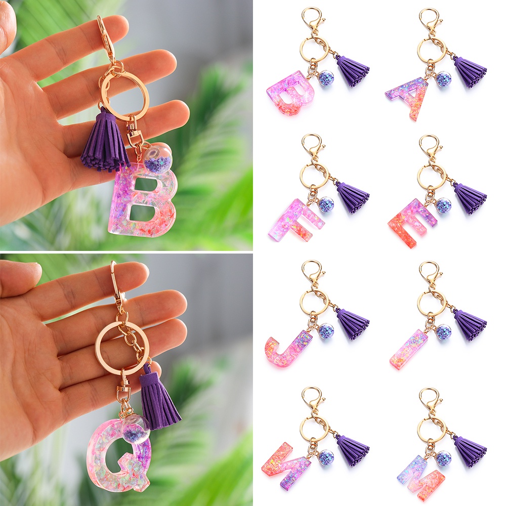 Mới Móc Khóa Nhựa Họa Tiết Chữ Tiếng Anh Lấp Lánh Gắn Núm Tua Màu Tím Thời Trang