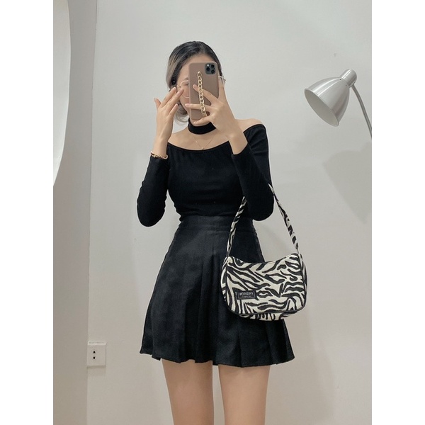 Áo Kiểu trễ vai tay dài tặng kèm choker đeo cổ với 2 màu trắng,đen basic form chuẩn tôn dáng ôm body