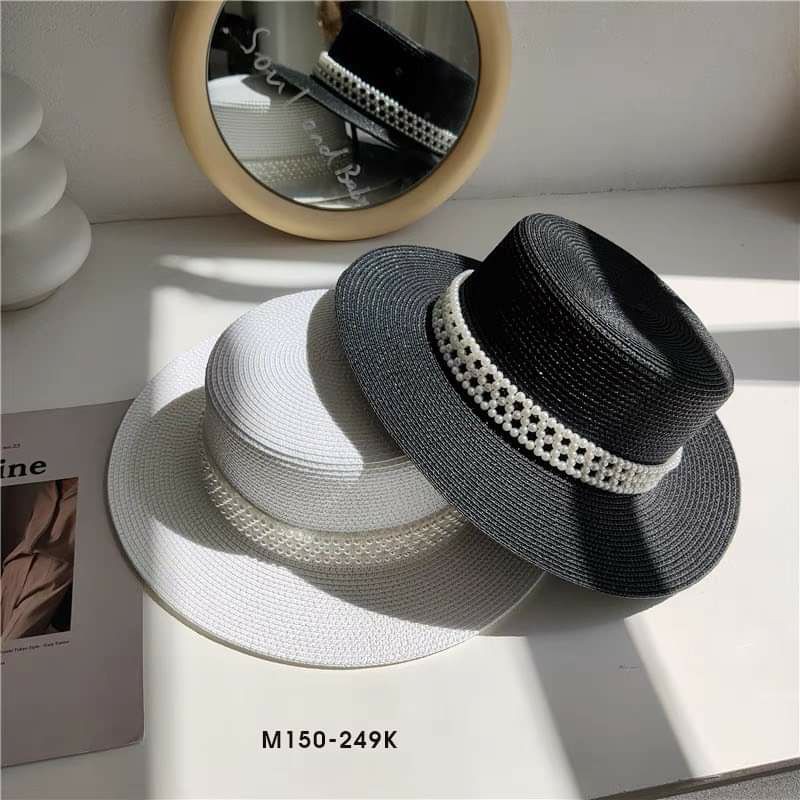 Mũ cói vành nhỏ đi biển đai viền ngọc trắng sang chảnh