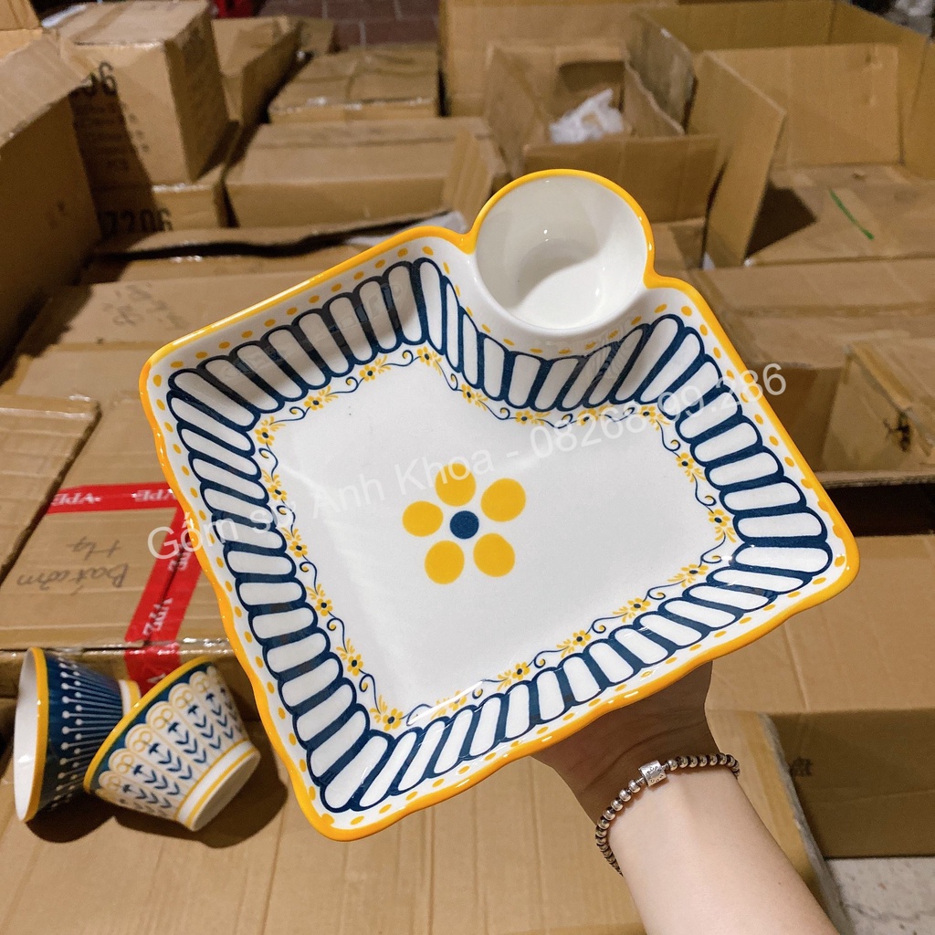 Bộ Bát Đĩa sứ Decor Chén Dĩa Sứ Dễ Thương Cute Cao Cấp  sét thổ cẩm 15 món sanh chảnh H66 trang trí món ăn cho gia đình.