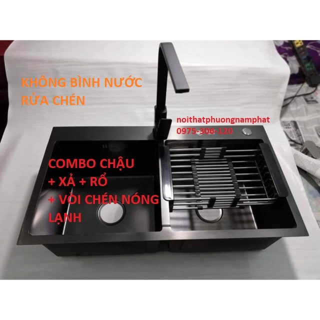 COMBO Chậu Rửa Chén Bát INOX 304 NANO N5 8245 NA.GRAND và xả chậu và Rổ rút và Vòi chén nóng lạnh NANO