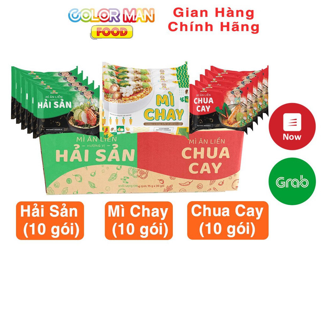 Thùng mì gói Color Man 30 gói mix 3 loại 10 gói Hải Sản - 10 gói Chua Cay sản xuất từ 100% khoai tây - 10 gói Mì chay