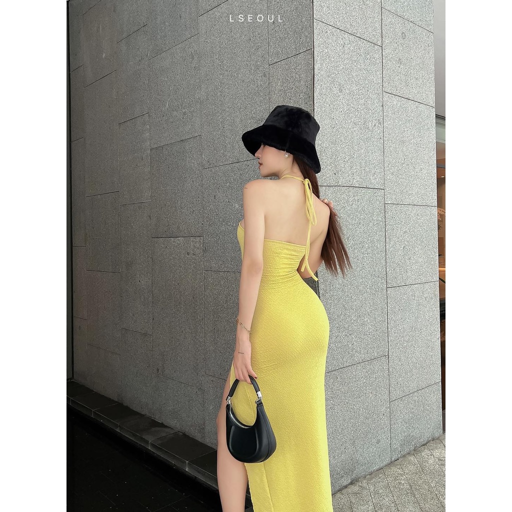 Đầm Body Cổ Yếm Khoét Eo Cách Điệu LSEOUL V1401 Chất Thun Gân Co Dãn Tôn Dáng