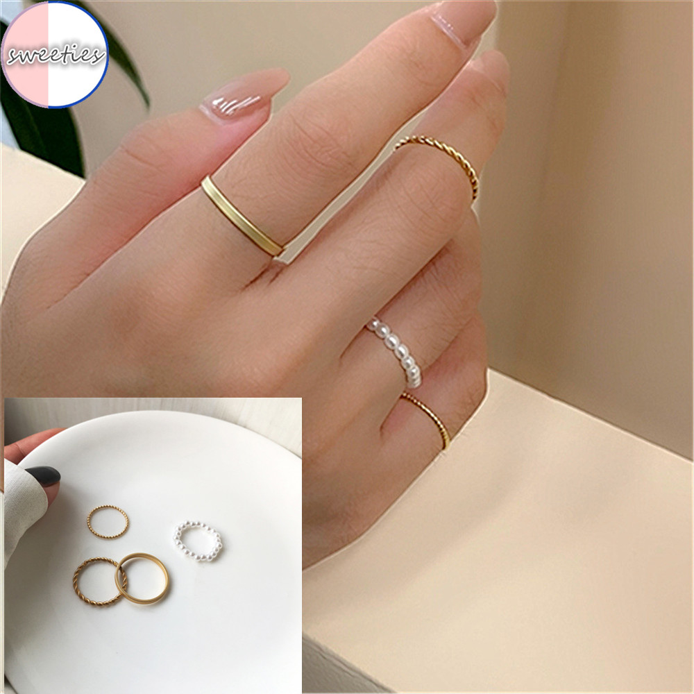 Set 4 Nhẫn Đeo Tay Kim Loại Đính Ngọc Trai Giả Retro Cho Nữ