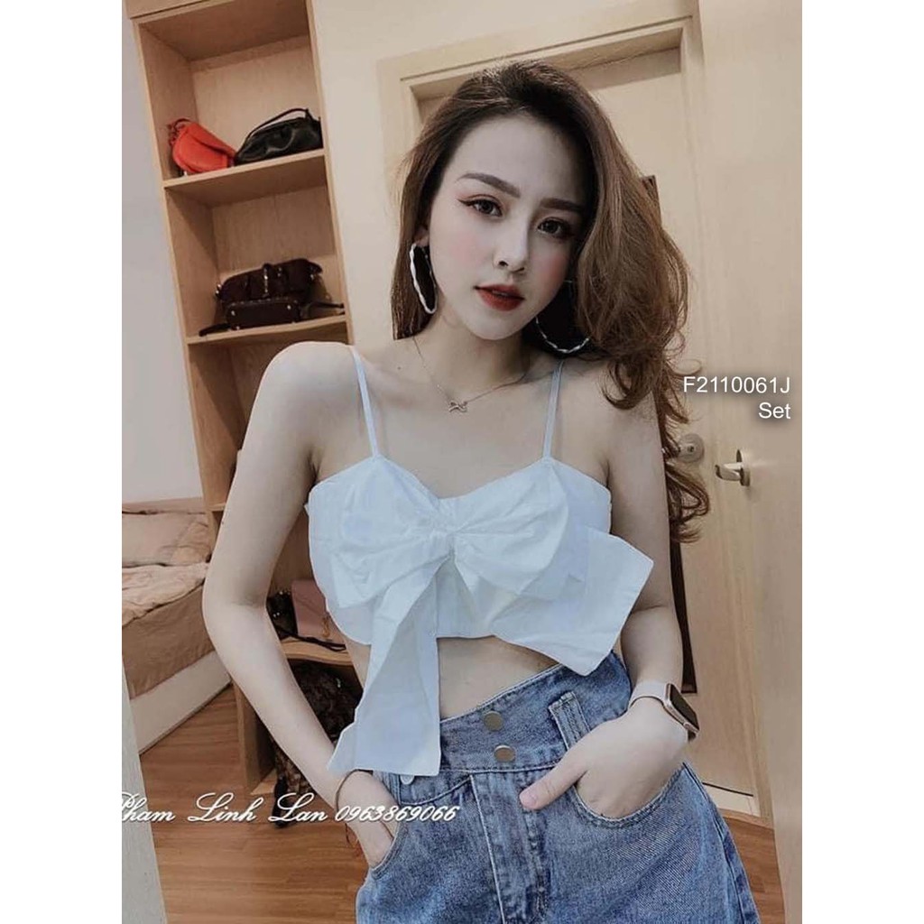 Set áo trắng croptop phối nơ ngực 2 dây kèm chân váy jean ngắn có lót quần!