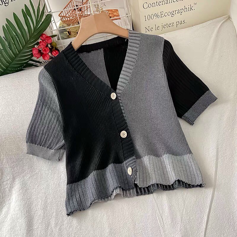 Áo len pha màu dáng cardigan style đường phố