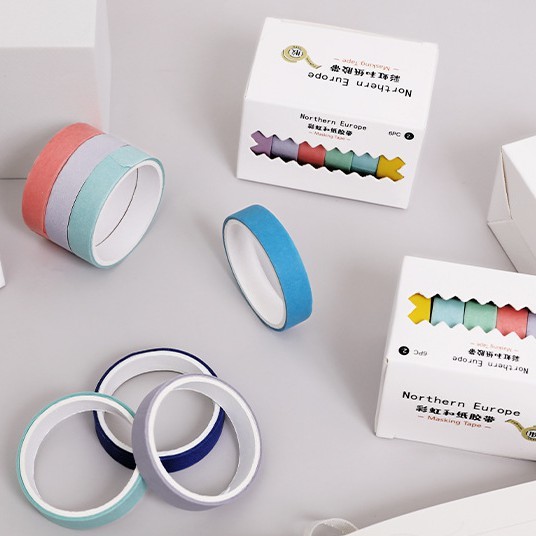 Hộp 06 băng keo giấy Washi tape Pison, băng dính trang trí sổ butllet journal – BK001 – 1 bộ