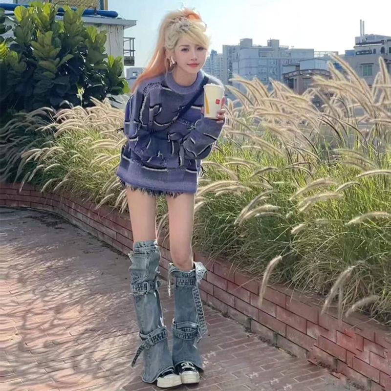 Vỏ Bọc Ống Chân Denim Có Dây Buộc Phong Cách Đường Phố Mỹ Độc Đáo