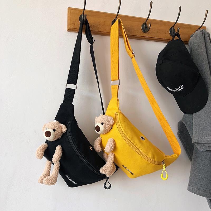 Túi vải canvas bao tử phối gấu bông dễ thương, phong cách trẻ trung