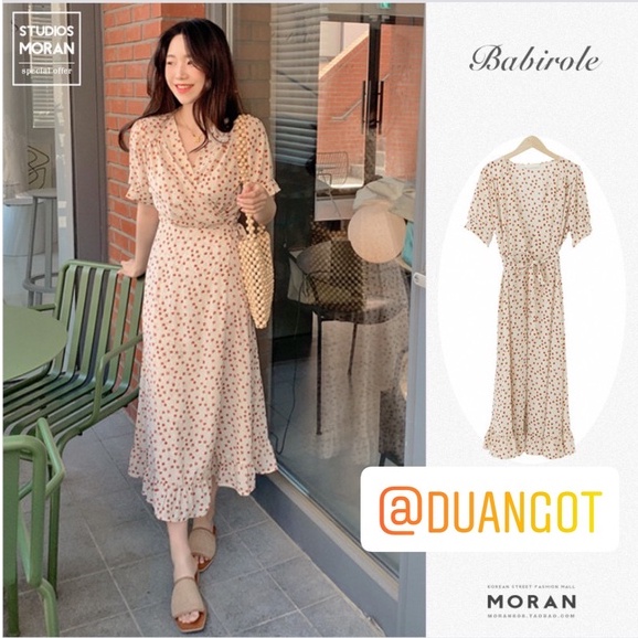 (ORDER) Váy MORAN hoa nhí cổ V thun eo xòe dài nhún đuôi cá điệu đà vintage Hàn Quốc nhẹ nhàng