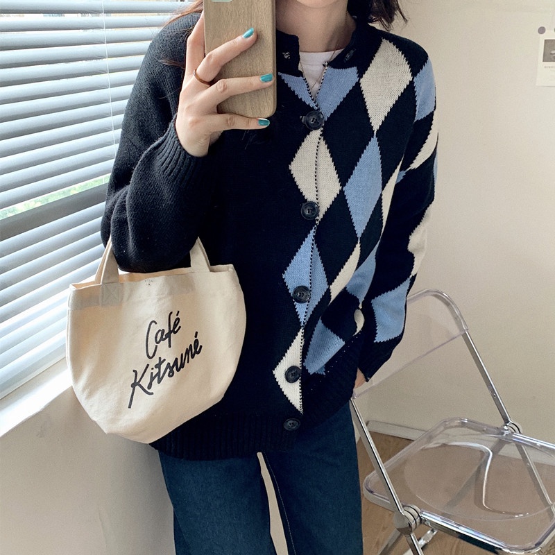 SUXI Áo khoác cardigan dệt kim hoạ tiết kẻ sọc phối nút thời trang mùa Thu cổ điển cho nữ