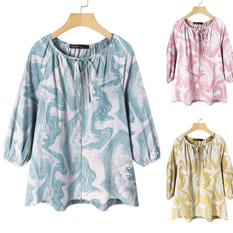 Áo Kiểu ZANZEA Cổ Tròn Tay 3/4 In Họa Tiết Gợn Sóng Cho Nữ