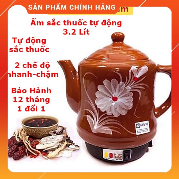 Ấm sắc thuốc tự động -siêu đun thuốc bằng gốm bát tràng hiệu bát tiên 3,2l bảo hành 12 tháng