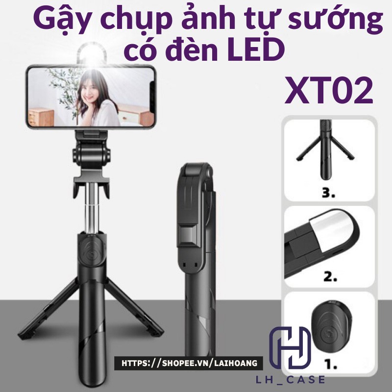 Gậy chụp ảnh tự sướng bluetooth XT02S có đèn LED trợ sáng tích hợp live steam học online chân đế tripod 3 chức năng