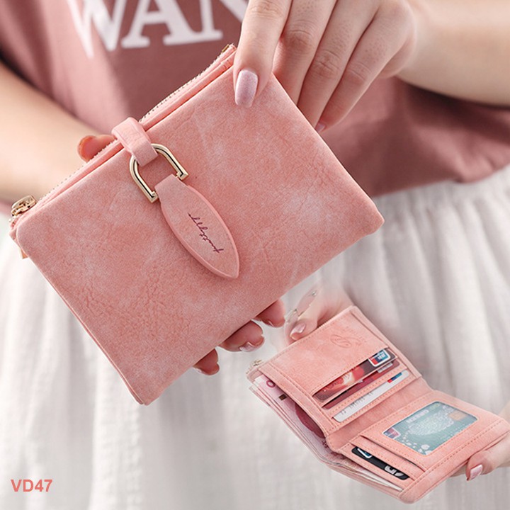 🍀 Ví tiền nữ da mềm khóa cài chiếc lá siêu dễ thương màu hồng- VH47