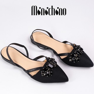 Giày sandal nữ gót cao 1cm MINICHINO mũi nhọn nơ đá, phối dây thời trang màu đen TC033