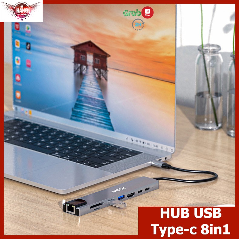 Hub USB Type-c 8in1 ra HDMI, mạng nội bộ LAN, USB, PD cho Macbook 2020, Dell XPS