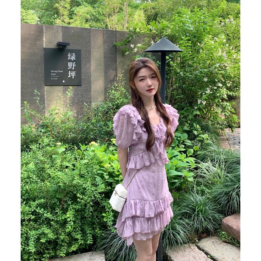 Đầm Tay Phồng Cổ Tròn Màu Tím Nhạt Phong Cách Pháp Thời Trang Mùa Hè Mới Cho Nữ