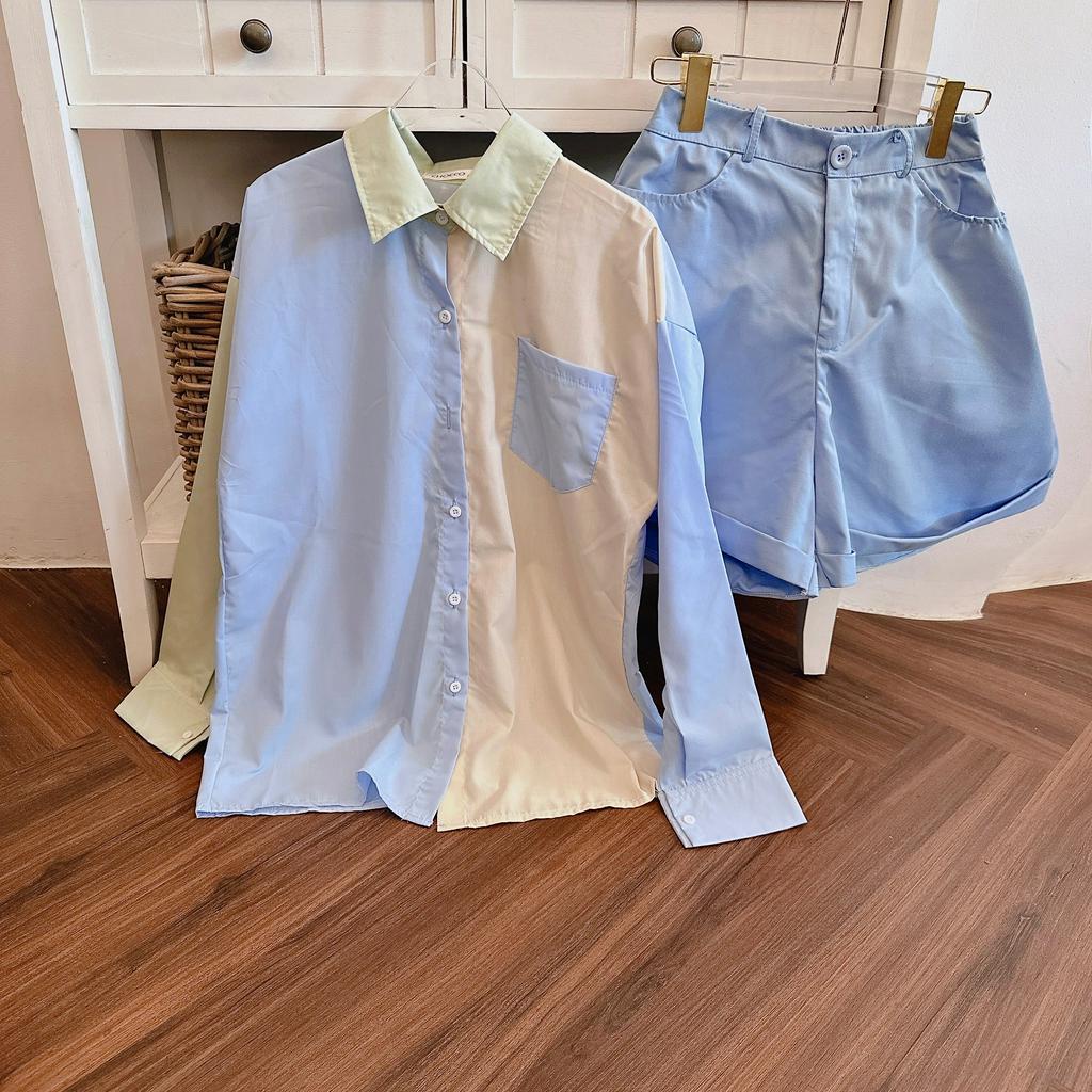 Set Bộ Đồ Nữ,Set 3 Món Áo Sơ Mi From rộng  mix  Quần Đùi Short Kèm Áo Lót 2 dây Tiểu Thư Dạo Phố Đi Biển Thời Trang Minh