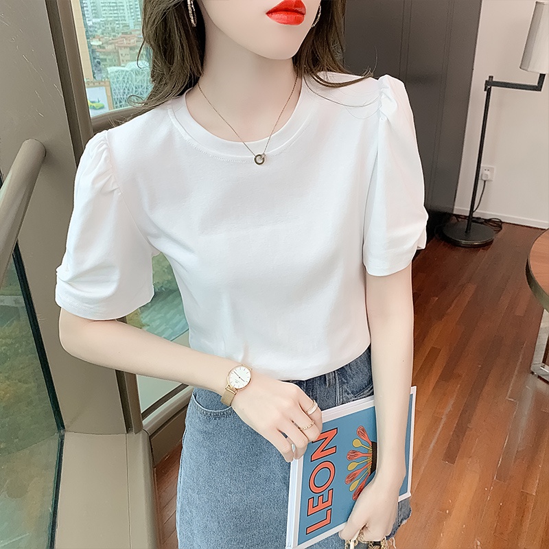 Áo thun nữ kiểu tay ngắn cổ tròn bèo nhún vai cotton thấm hút mồ hôi phong cách ulzzang Hàn Quốc thời trang nữ OKIMAC | BigBuy360 - bigbuy360.vn