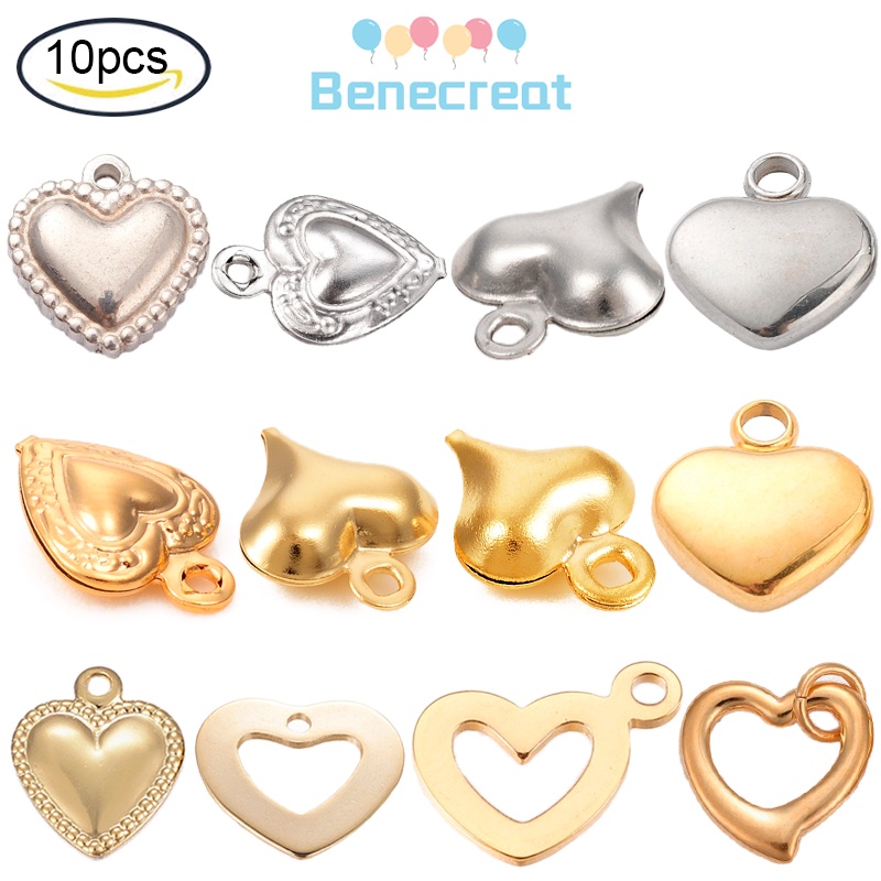Set 10 charm dây chuyền hình trái tim bằng thép không gỉ 304 nhiều size