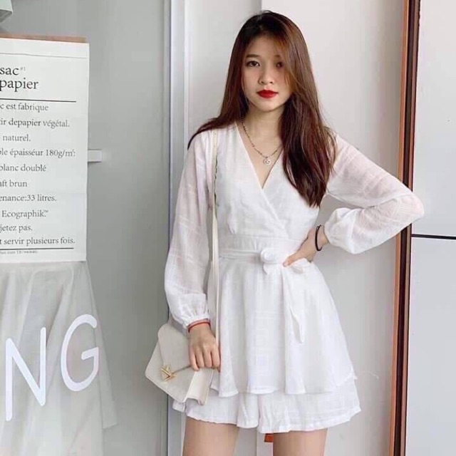 Jumsuit đắp xô trắng cột nơ eo