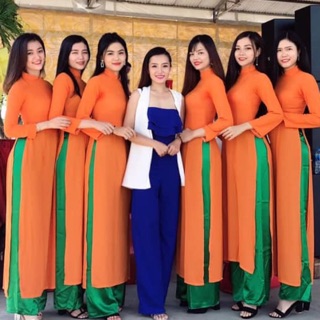 Áo dài cam trơn chiffon 2 tà