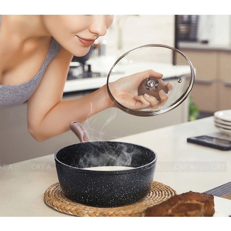 Nồi quánh khuấy bột chống dính vân đá cẩm thạch cao cấp bằng nhôm, có nắp đậy, đường kính 16-18cm- dùng cho chiên, xào