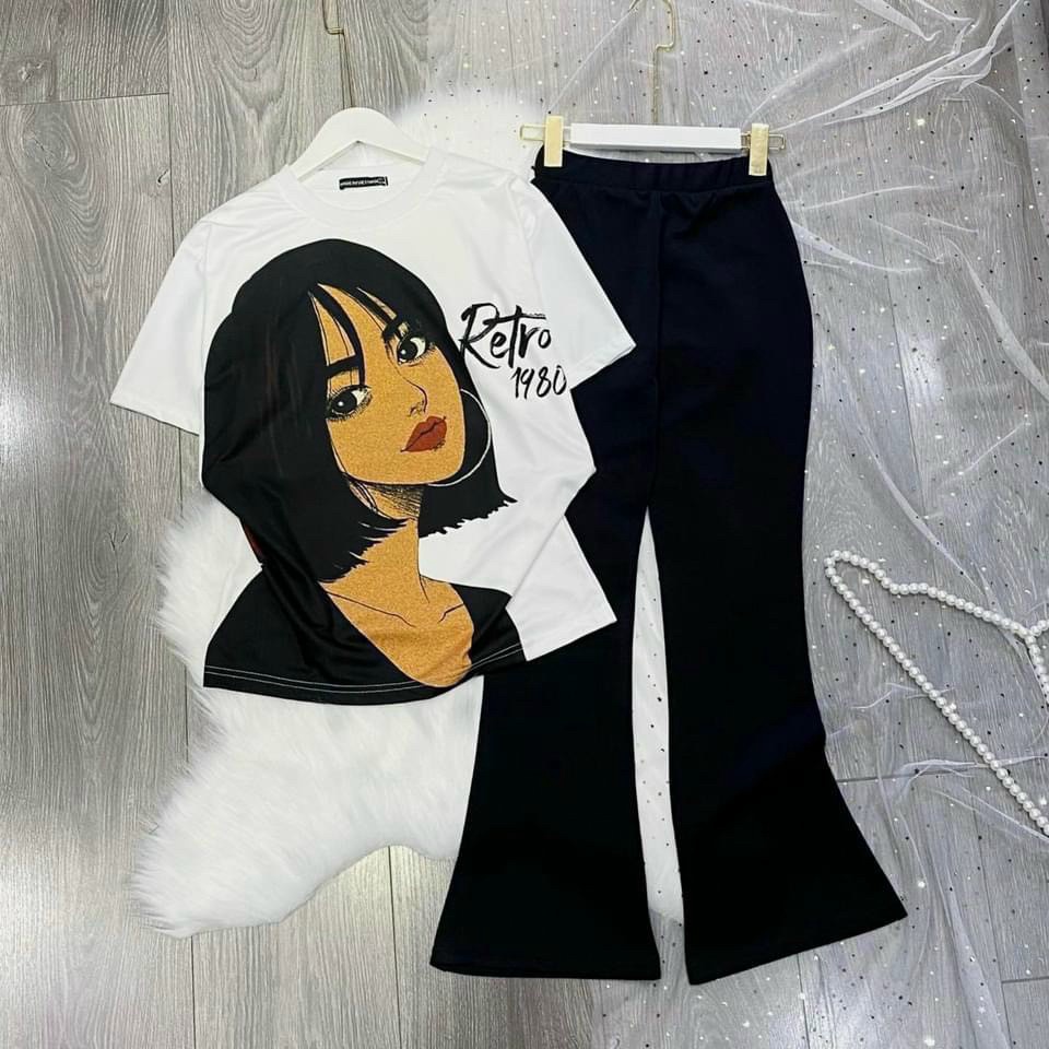 SÉT BỘ QUẦN DÀI ỐNG LOE KẾT HỢP ÁO THUN IN CÔ GÁI CỰC ĐẸP.CHẤT LIỆU THUN CAO CẤP CO GIÃN THOẢI MÁI THOÁNG MÁT TLKX010