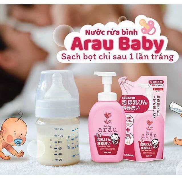 Nước Rửa Bình Sữa, Rửa Bình Arau Nhật Bản An Toàn Cho Bé Chai 500 Ml Túi 450 Ml Sạch Nhanh Kháng Khuẩn Không Cồn