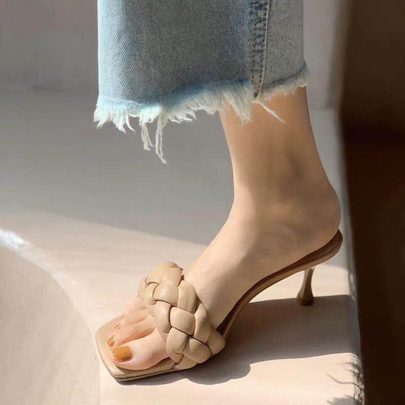 Mặc gì đẹp: Thời trang với [5 MÀU - QUAI PHỒNG CHUẨN] Guốc lê nữ cao gót 7cm quai da tết bính đan phồng ôm chân mũi vuông hot trend 2020 đẹp chảnh