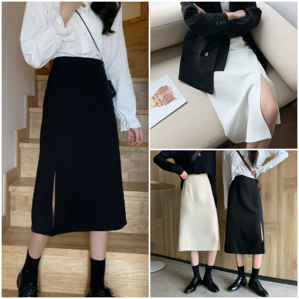 Chân Váy Dài Ulzzang Qua Gối Xẻ Tà - Chân Váy Chữ A Dài Lưng Cao Phong Cách Hàn Quốc CV25