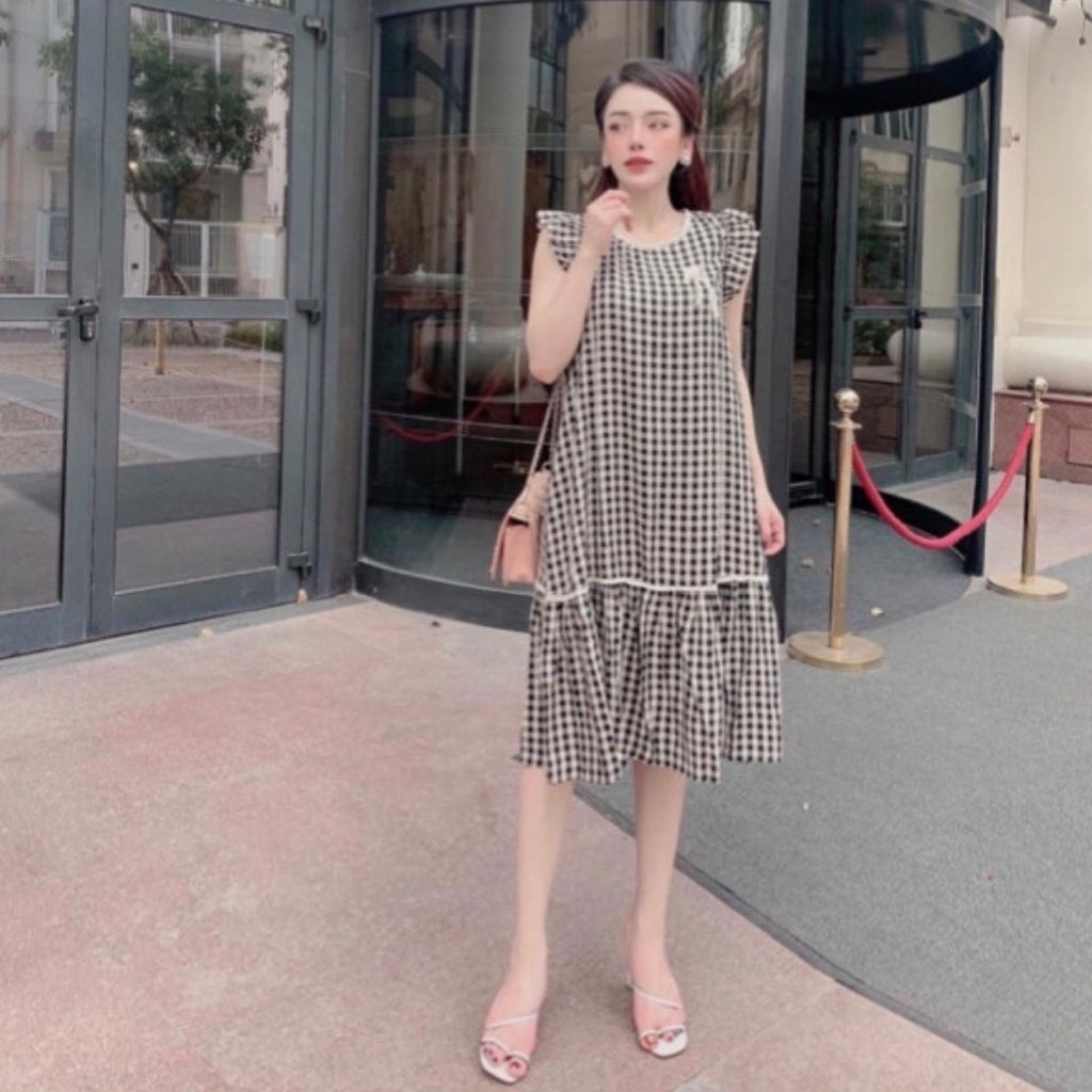 Đầm bầu ngắn tay nơ ngực M091 chất đũi hàn thời trang thiết kế freesize từ 45 đến 70kg