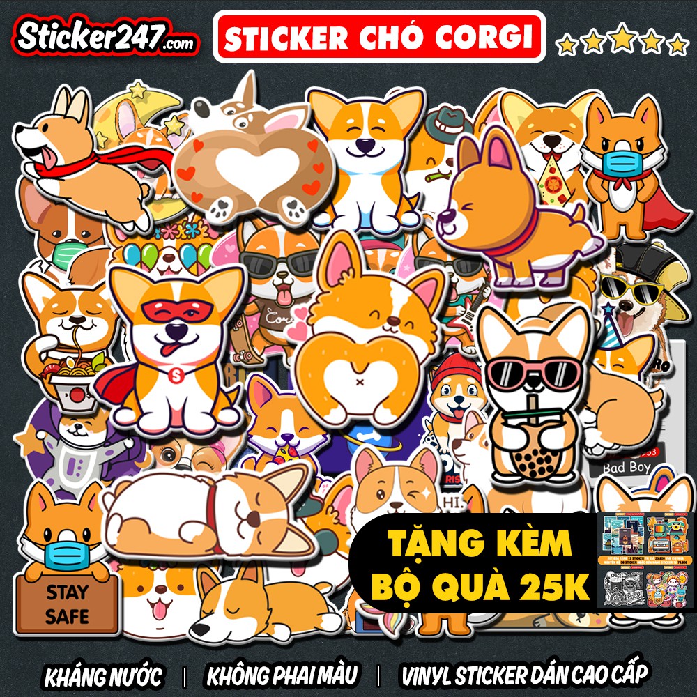 Sticker Corgi chống nước 𝑭𝒓𝒆𝒆𝒔𝒉𝒊𝒑 sticker hình dán laptop, điện thoại, đàn guitar, dán mũ bảo hiểm, vali - Sticker247