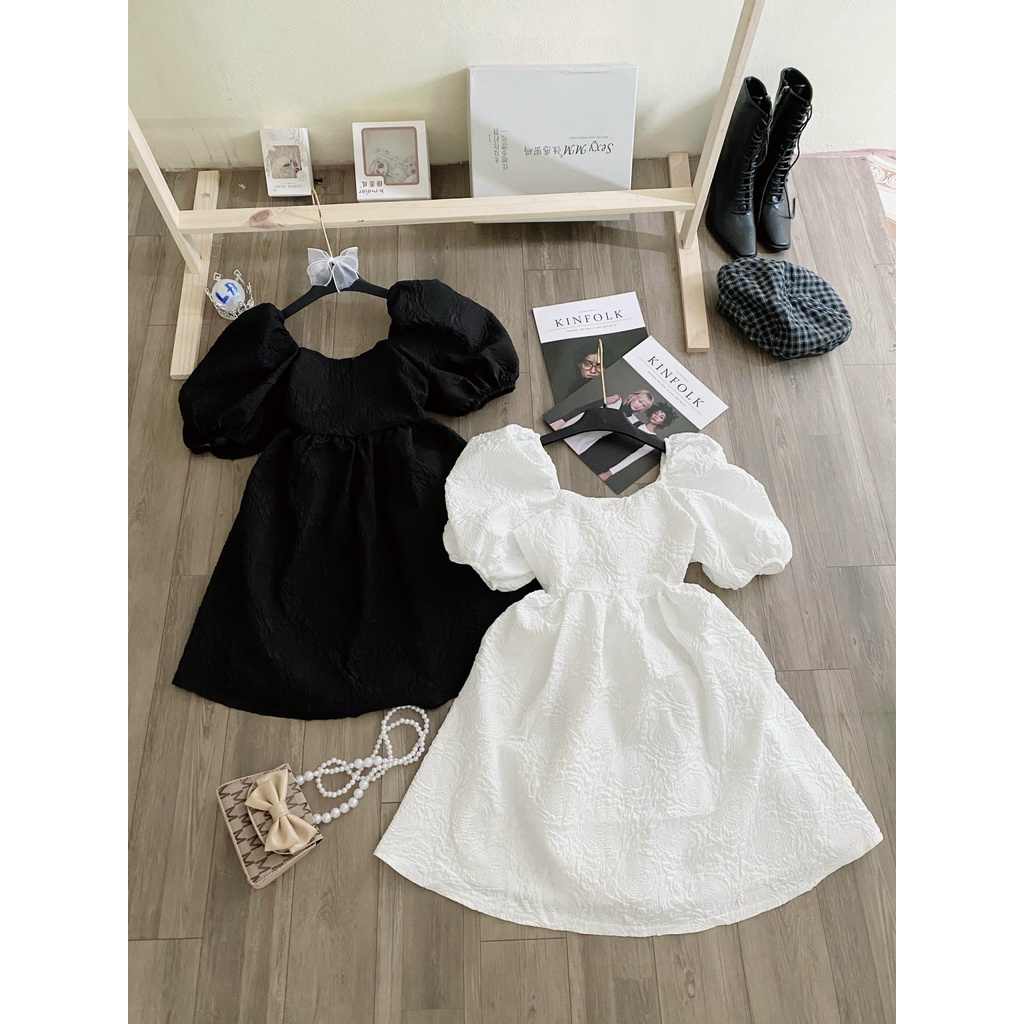 Váy cổ vuông - Váy gấm tay bồng thắt nơ lưng phong cách cổ điển Bun Shop20