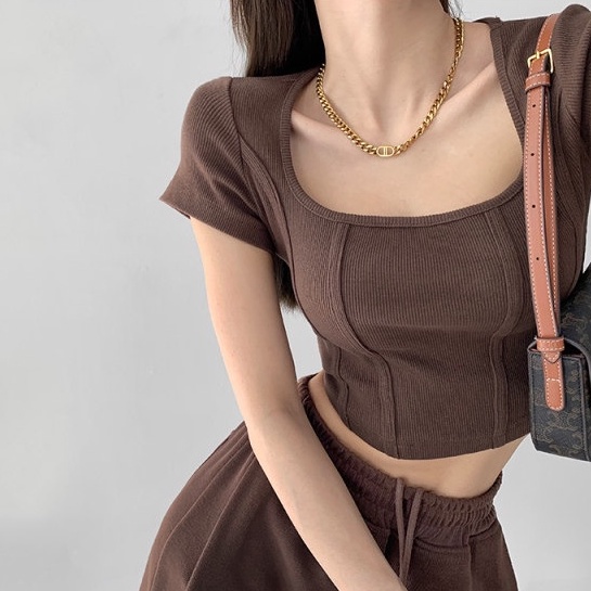 Áo thun QADCOL tay ngắn cổ vuông phong cách cổ điển thời trang cho nữ