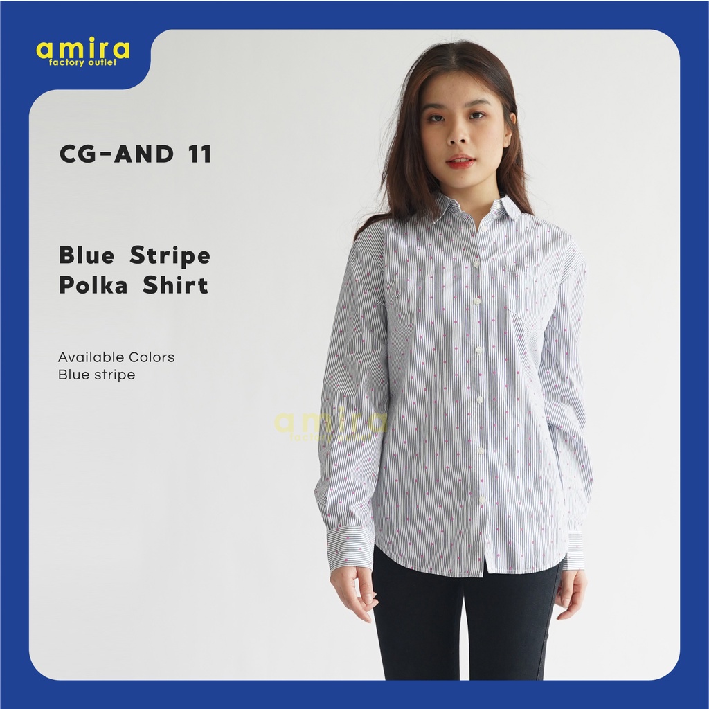 Amirafactoryoutlet| Áo Sơ Mi Kẻ Sọc Xanh Dương Cho Nữ Họa Tiết Chấm Bi