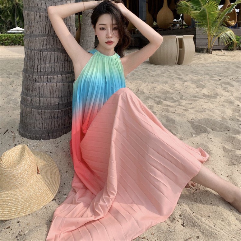 Maxi đi biển xếp ly dự tiệc đầm váy maxi dáng dài xòe hở lưng cổ yếm kiểu Hàn Quốc thiết kế sang chảnh 8500 CT-40