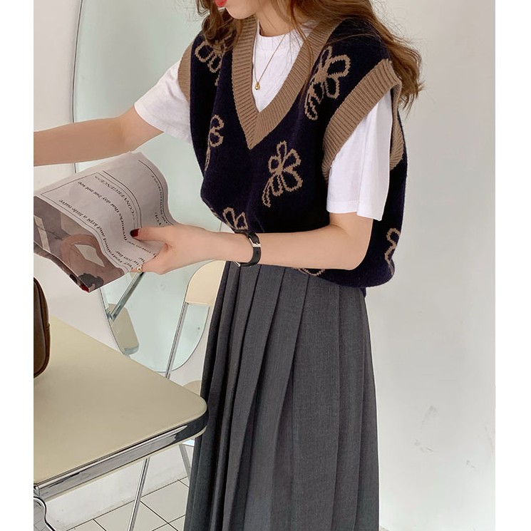 Áo Sweater Không Tay Cổ Chữ V Họa Tiết Hoa Xinh Xắn Cho Nữ | BigBuy360 - bigbuy360.vn