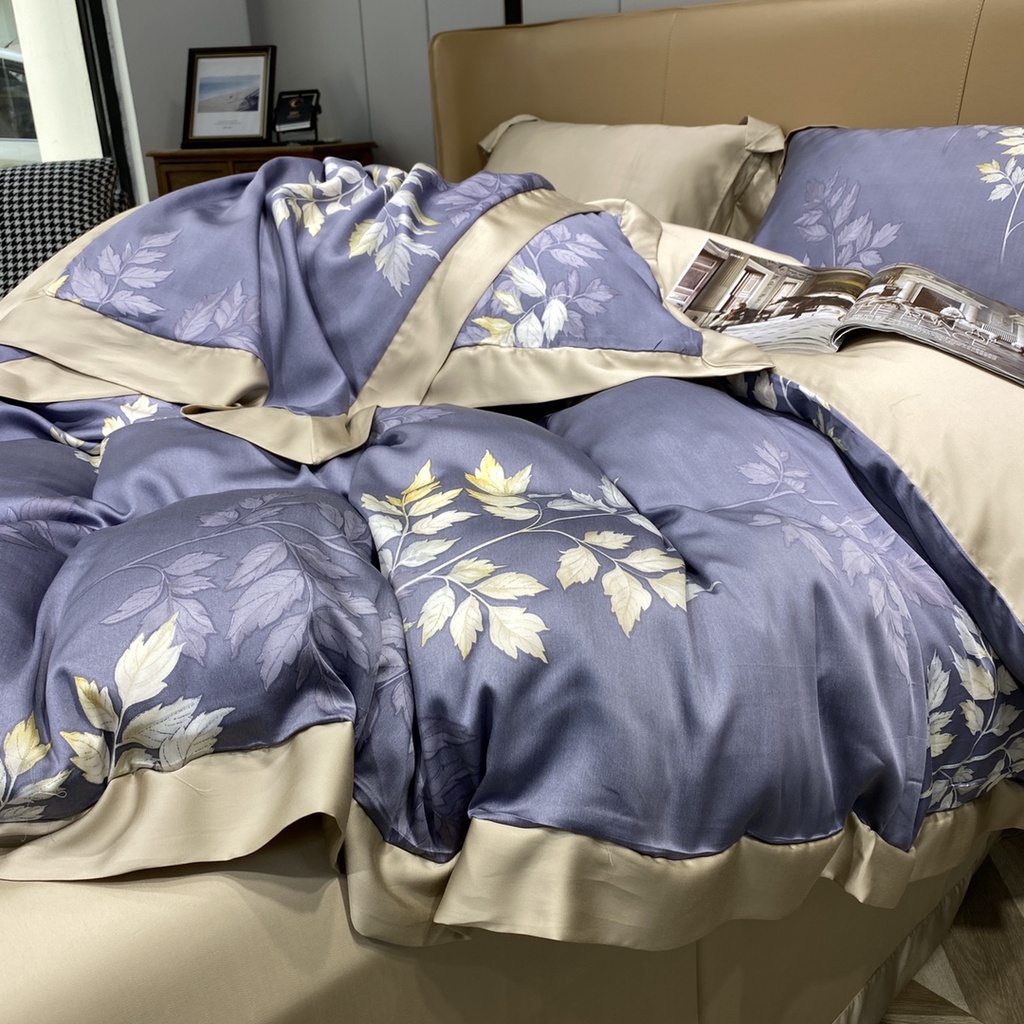 Bộ chăn ga gối cao cấp 100%Tencel 100s, họa tiết Lá dương sỉ Pháp, màu sắc sang trọng, chất liệu siêu mềm mát mịn