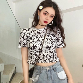 Áo Croptop Tay Ngắn Hoạ Tiết Hoa Phong Cách Retro
