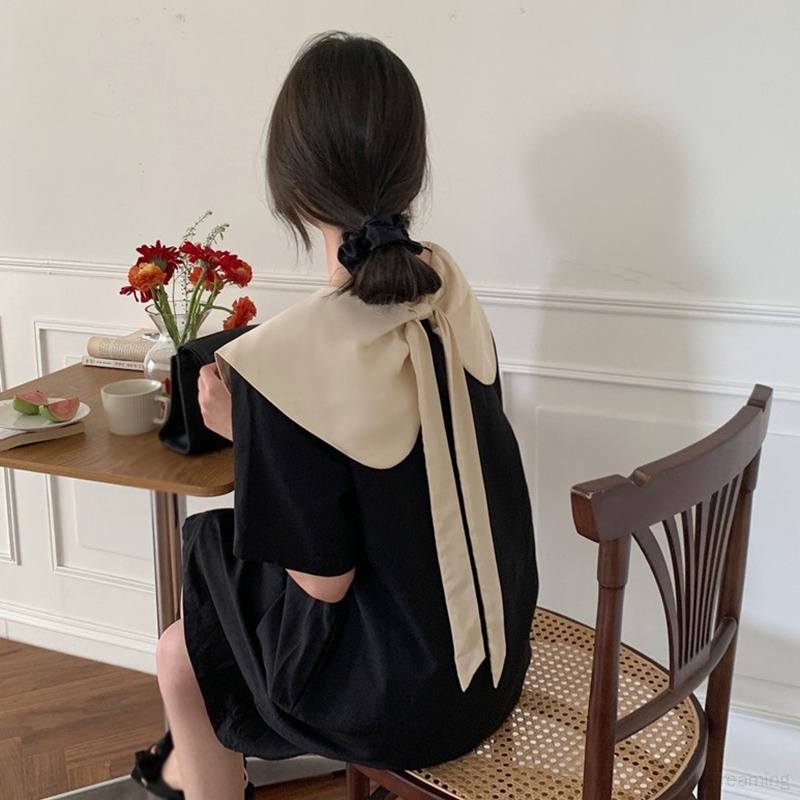 Váy Đầm Dáng Rộng Thắt Nơ Trước Và Sau Lưng Màu Tương Phản Phong Cách Hàn Quốc Dành Cho Nữ