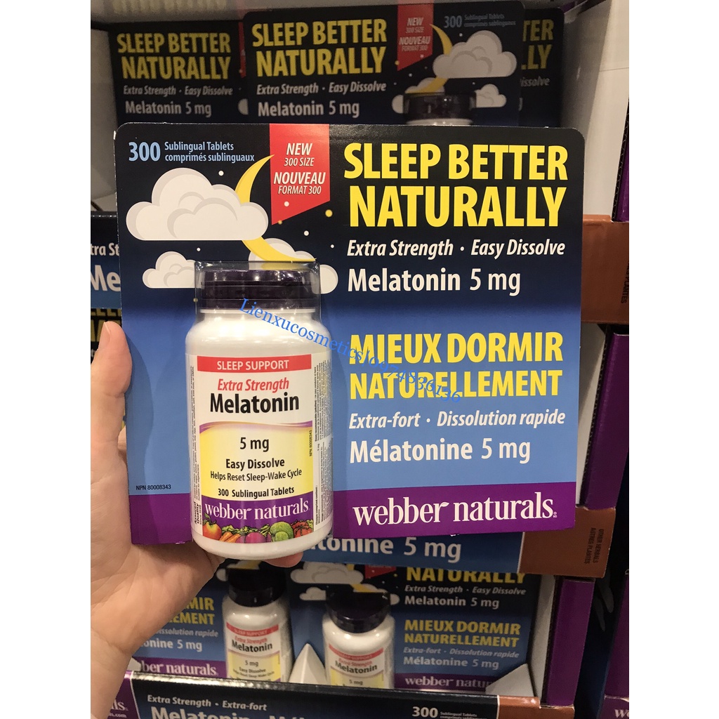 Viên uống hỗ trợ giấc ngủ Melatonin 5mg extra strength Webber Naturals 300 viên