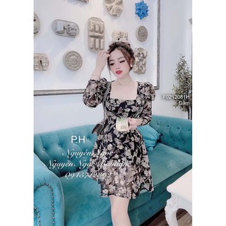 Đầm xòe voan vân gấm cổ vuông tay dài!