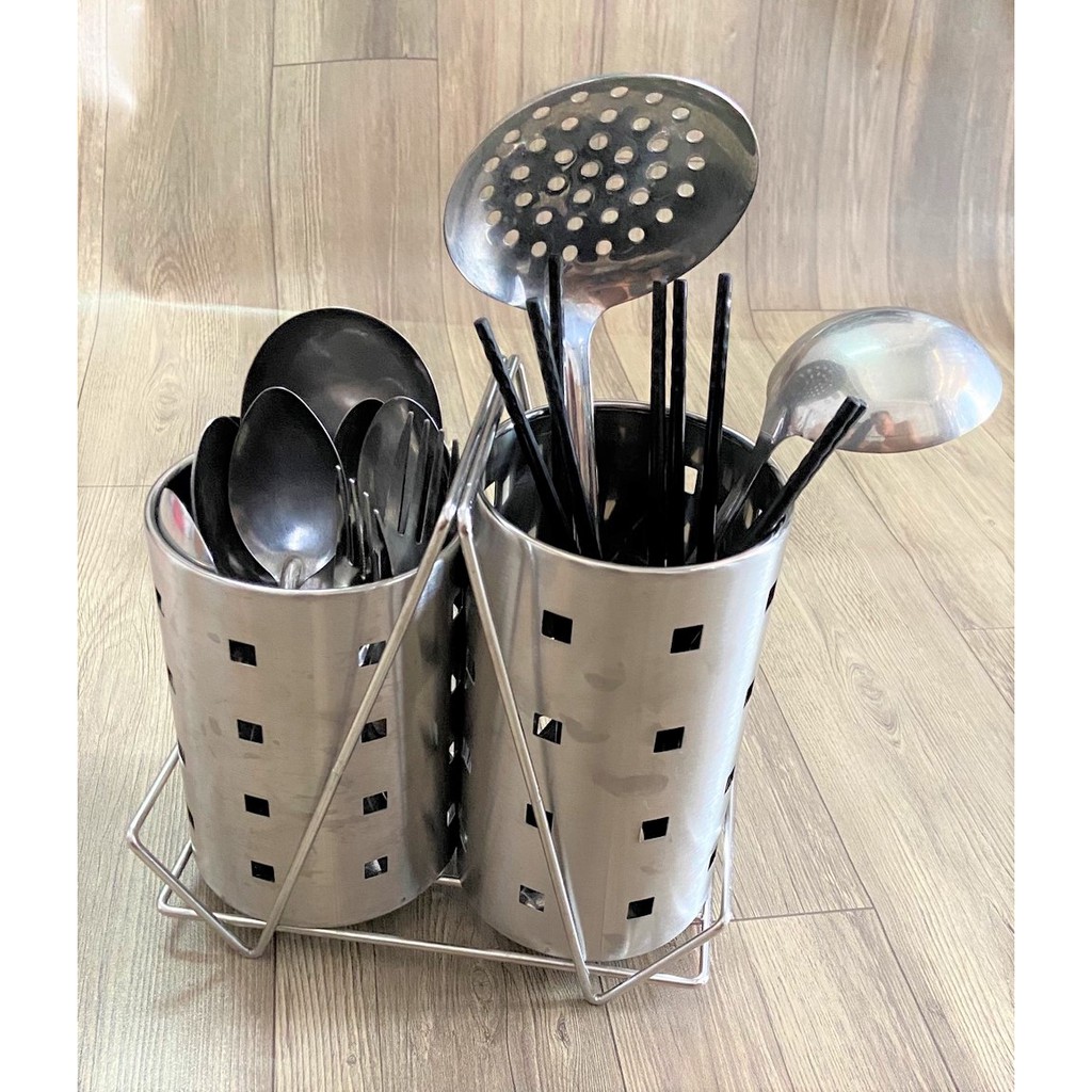 Bộ 2 Ống Đựng Đũa Muỗng Kèm Giá Đỡ Inox 304 Không Gỉ Có Lỗ Thoát Nước