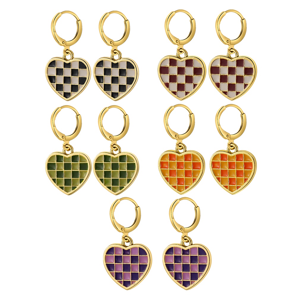 iF YOU Bông tai hình ổ khóa trái tim họa tiết caro màu vàng thời trang