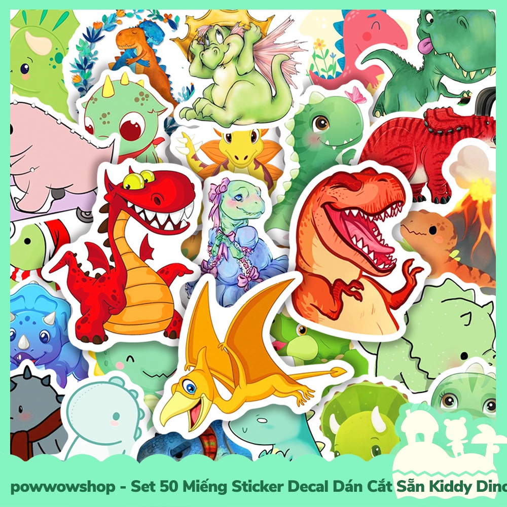 [Sẵn VN - Hỏa Tốc] Set 50 Miếng Sticker Decal Cắt Sẵn DIY Dán Trang Trí Vật Dụng Mẫu Kiddy Dinosaur Thế Giới Khủng Long